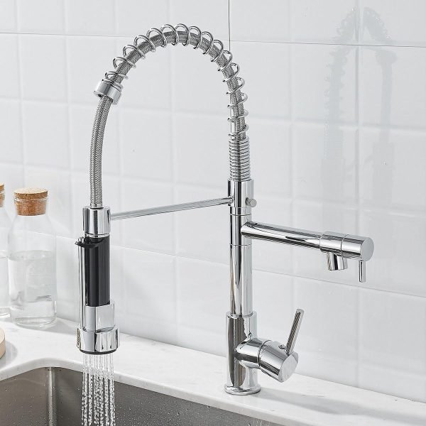 Spring Mixer Chrome Tap , Spring Kitchen Faucet with Pull Down Sprayer, 2 Spray Modes High Arc Single Handle Lever Kitchen Tap (Chrome)